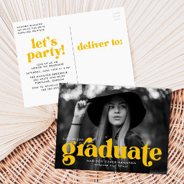 Invitation Carte Postale Audacieuse Typographie Jaune Photo Party Graduatio