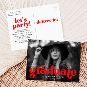 Invitation Carte Postale Audacieuse Typographie Red Photo Graduation Party