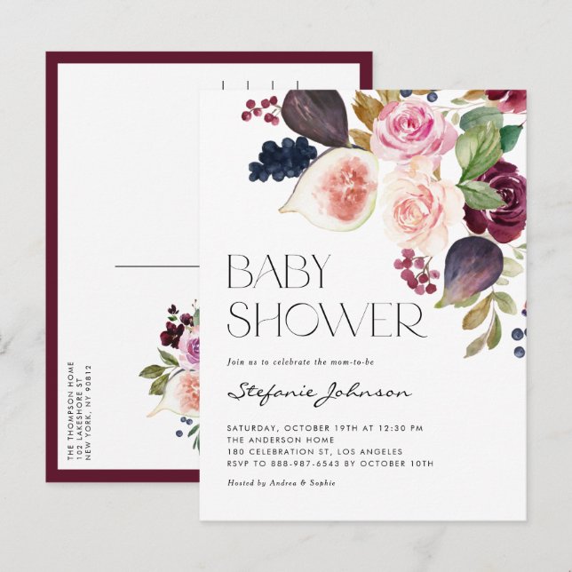 Invitation Carte Postale Automne Bourgogne Fleurs et Figs Baby shower d'aut (Devant / Derrière)