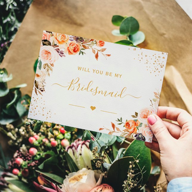 Invitation Carte Postale Automne Gold Floral Be My Bridesmaid Proposition (Créateur téléchargé)