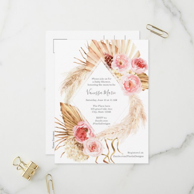 Invitation Carte Postale Baby Girl Douche moderne Boho Pampas herbe fleurie (Devant/Arrière en situation)