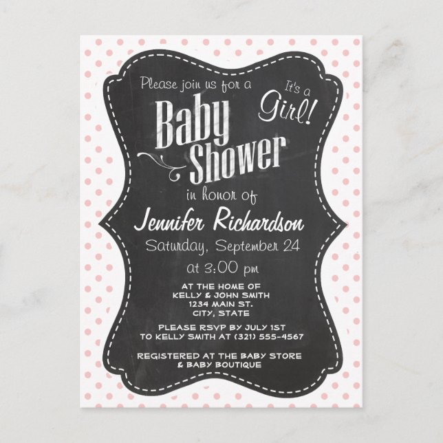 Invitation Carte Postale Baby Pois roses ; tableau de bord (Devant)