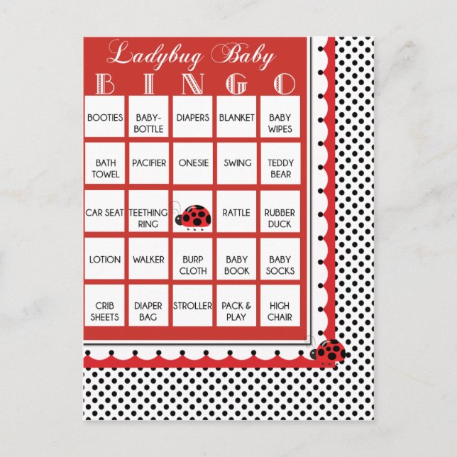 Invitation Carte Postale Baby shower À petits pois Ladybug Bingo Card 1 (Devant)