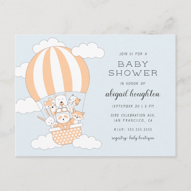 Invitation Carte Postale Baby shower à thème animal à bulle d'air chaud (Devant)
