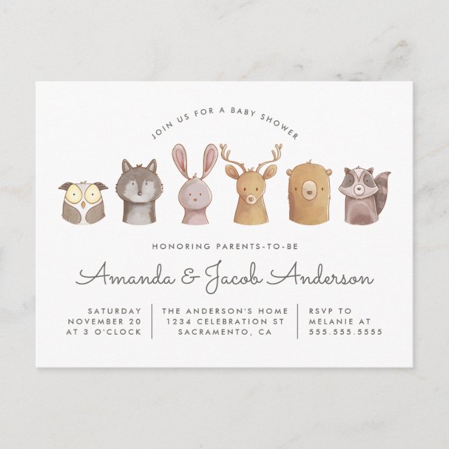 Invitation Carte Postale Baby shower à thème pour les animaux de bois (Devant)