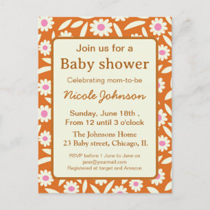 Invitation Carte Postale Baby shower bébé floral rétro hippie  