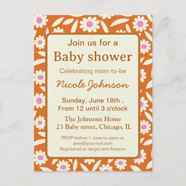 Invitation Carte Postale Baby shower bébé floral rétro hippie   (Devant)