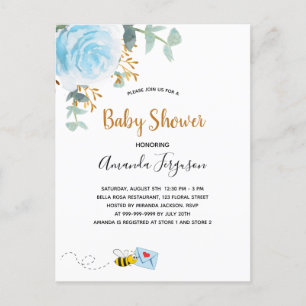 Invitation Carte Postale Baby shower bleu bee bee floral vert garçon