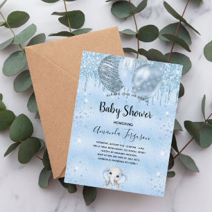 Invitation Carte Postale Baby shower bleu parties scintillant éléphant garç