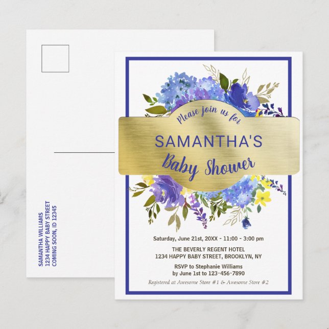 Invitation Carte Postale Baby shower Boho Chic Purple Floral Or (Devant / Derrière)