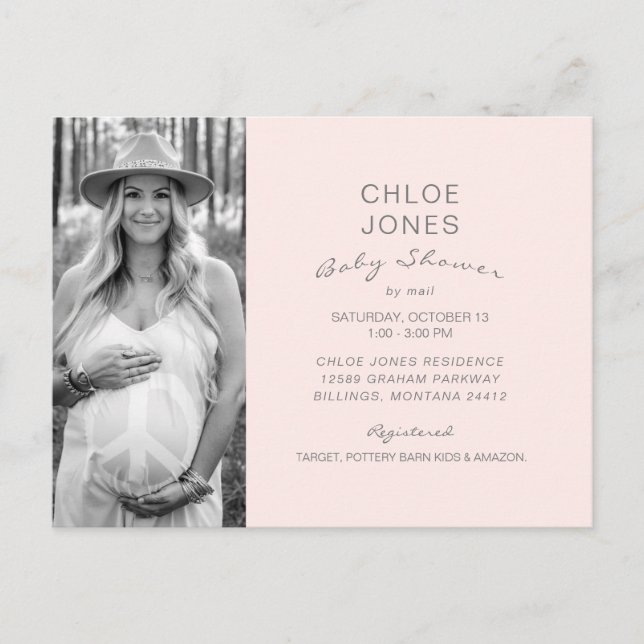 Invitation Carte Postale Baby shower Champagne Rose par Mail B/W Photo (Devant)