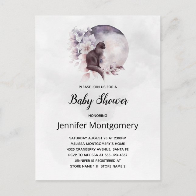 Invitation Carte Postale Baby Shower Chatte Noire sous une Pleine Lune Ench (Devant)