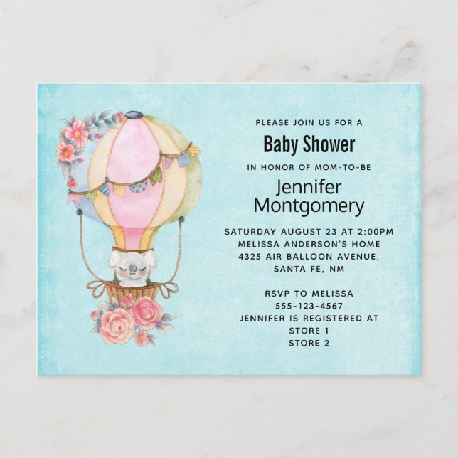 Invitation Carte Postale Baby shower d'aquarelle à bulle d'air chaud (Devant)