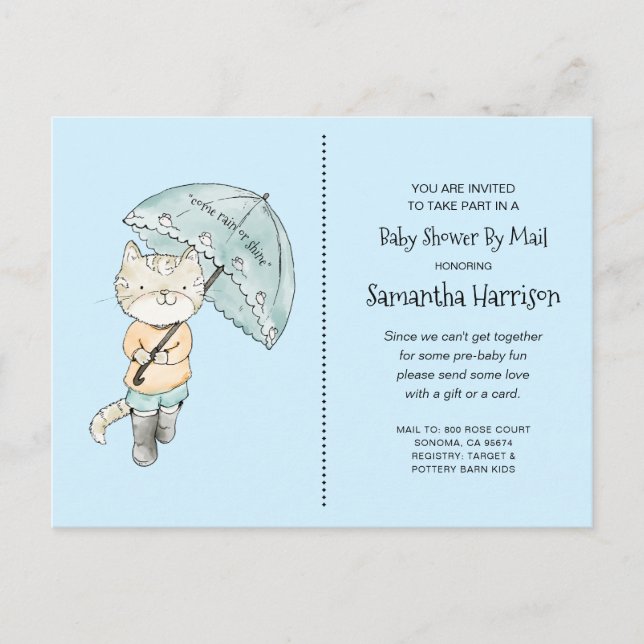 Invitation Carte Postale Baby shower D'Aquarelle De Chat Par Courrier (Devant)