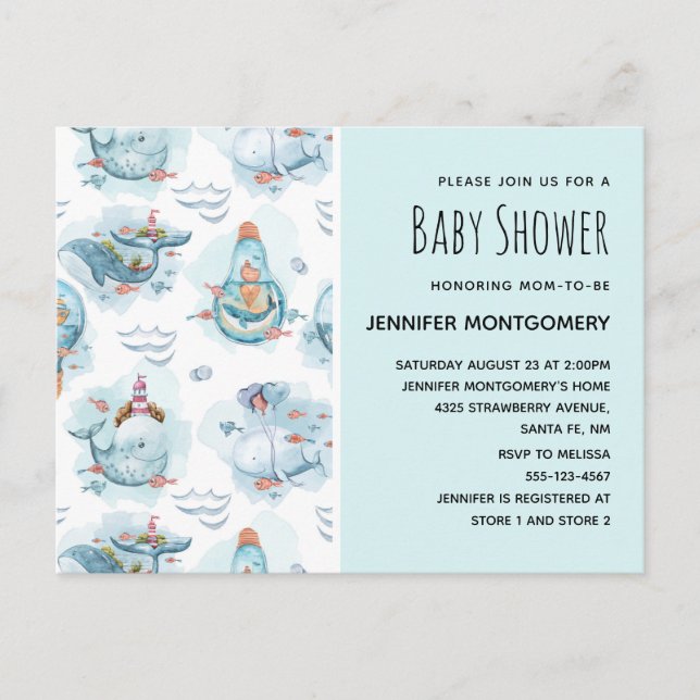 Invitation Carte Postale Baby shower d'aquarelle de la mer de Blancs (Devant)