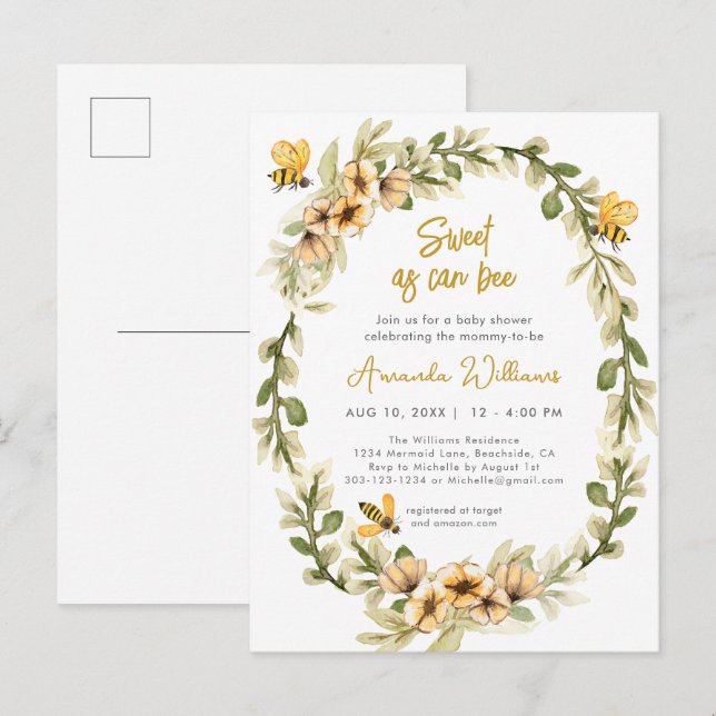 Invitation Carte Postale Baby shower d'aquarelle doux comme peut être (Devant / Derrière)