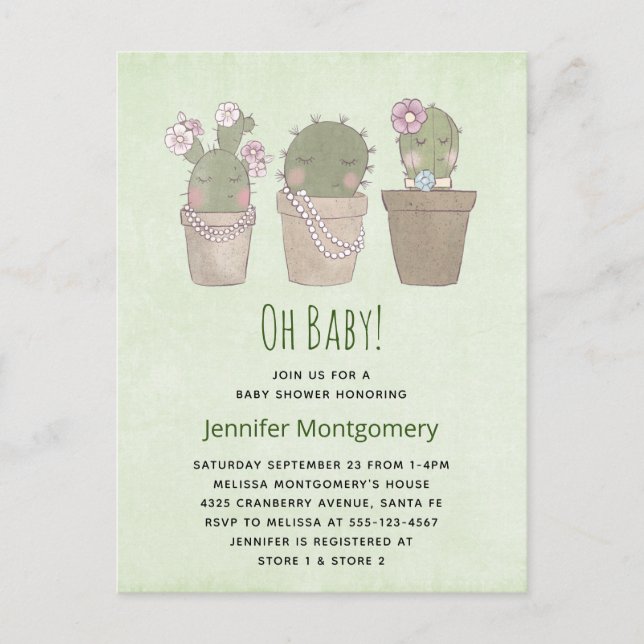 Invitation Carte Postale Baby shower d'aquarelle Trio Cactus trés souriant (Devant)
