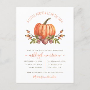 Invitation Carte Postale Baby shower d'automne de la petite Citrouille neut
