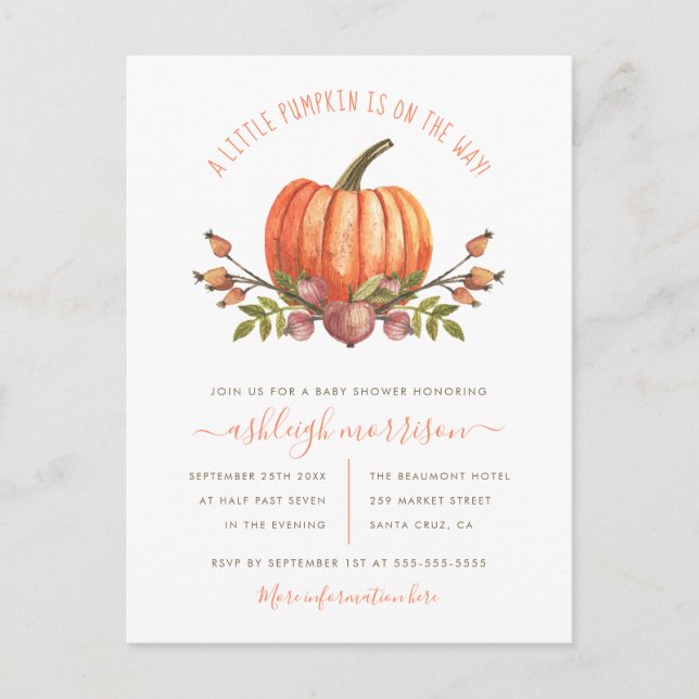 Invitation Carte Postale Baby shower d'automne de la petite Citrouille neut (Devant)