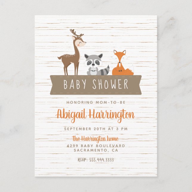 Invitation Carte Postale Baby shower de bannières d'animaux mignons en bois (Devant)