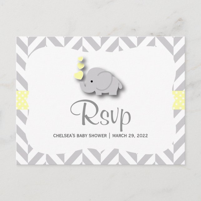 Invitation Carte Postale Baby shower d'éléphant jaune et gris - RSVP (Devant)