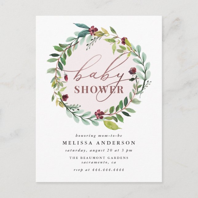 Invitation Carte Postale Baby shower d'or Rose de couronnes d'aquarelle Bot (Devant)