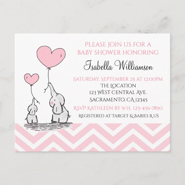 Invitation Carte Postale Baby Shower Éléphant Bébé Pastel avec Cœur Personn (Devant)