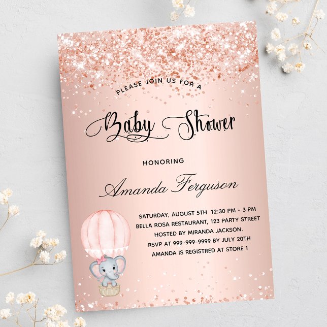 Invitation Carte Postale Baby shower éléphant fille rose montgolfière (Créateur téléchargé)