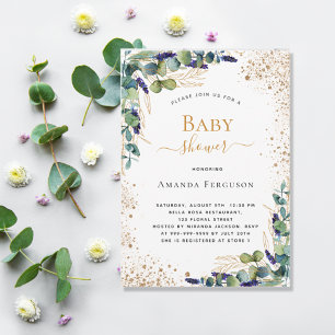Invitation Carte Postale Baby shower eucalyptus verdure parties scintillant