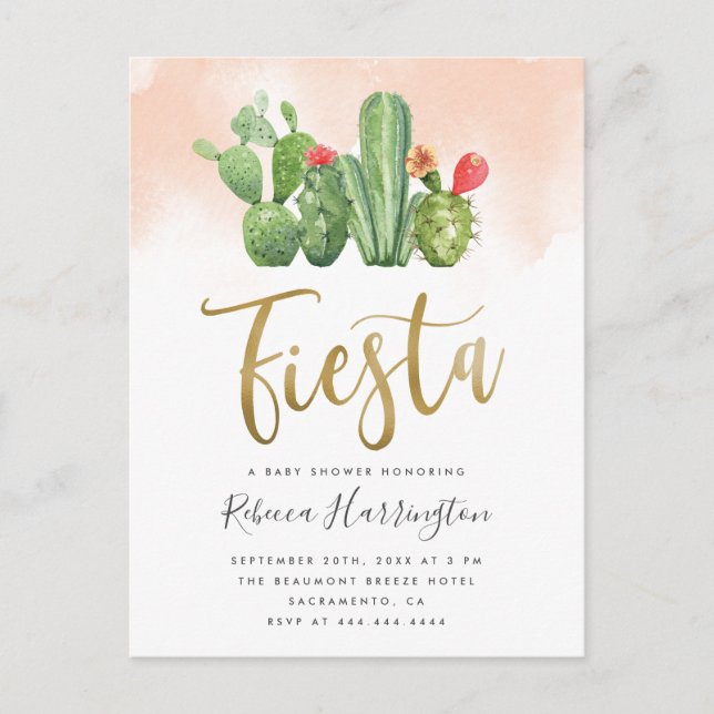 Invitation Carte Postale Baby Shower Fiesta à l'aquarelle rose et cactus (Devant)