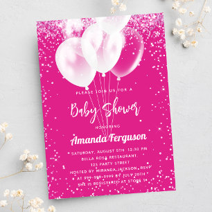Invitation Carte Postale Baby shower fille hot rose blanc ballons