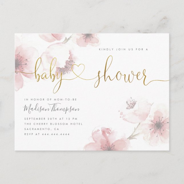 Invitation Carte Postale Baby shower floral cerisier en fleurs d'or (Devant)
