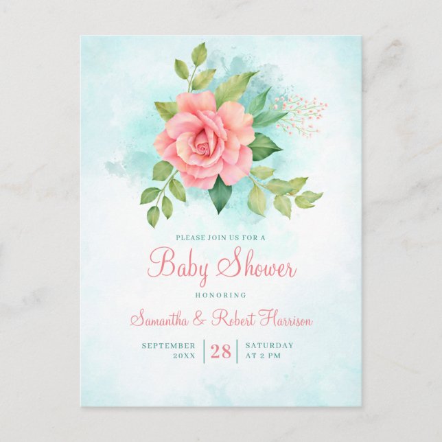 Invitation Carte Postale Baby shower floral rose rose Budget (Devant)