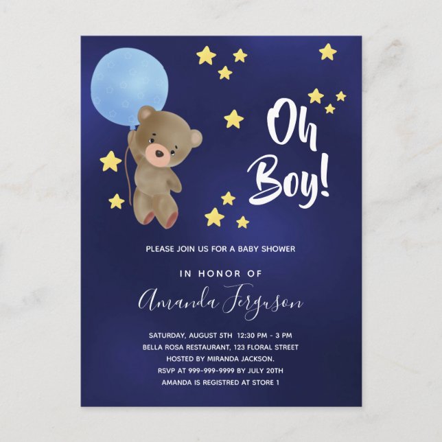 Invitation Carte Postale Baby shower garçon ours en peluche bleu marine éto (Devant)