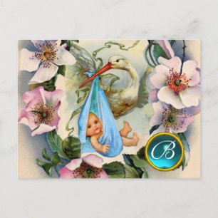 INVITATION CARTE POSTALE BABY SHOWER GARÇON STORK, MONOGRAM ROSE SAUVAGE RO