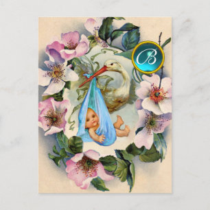 INVITATION CARTE POSTALE BABY SHOWER GARÇON STORK, MONOGRAM ROSE SAUVAGE RO