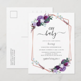Invitation Carte Postale Baby shower géométrique Rose Floral violet