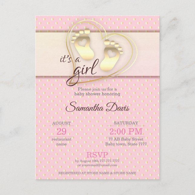Invitation Carte Postale Baby shower Golden Baby Girl Footprints and Hearts (Devant)