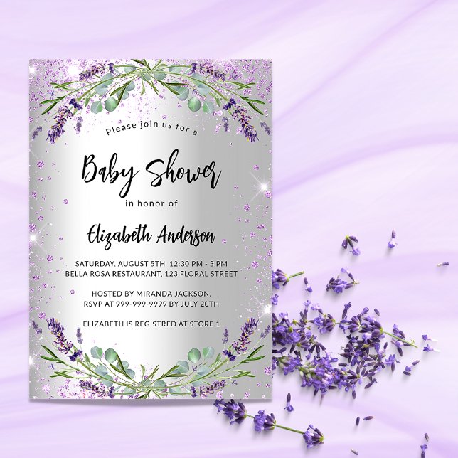 Invitation Carte Postale Baby shower lavande argent eucalyptus floral (Créateur téléchargé)