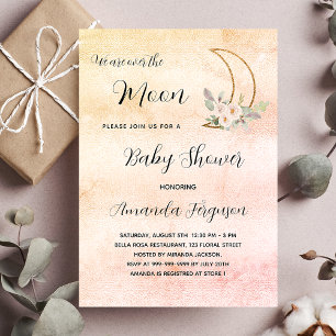 Invitation Carte Postale Baby shower lune blush rose or fille