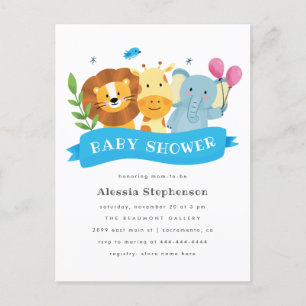 Invitation Carte Postale Baby shower mignon de garçon d'animaux de safari