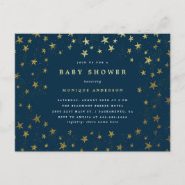 Invitation Carte Postale Baby shower moderne Midnight Blue & Gold Stars