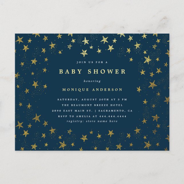 Invitation Carte Postale Baby shower moderne Midnight Blue & Gold Stars (Devant)