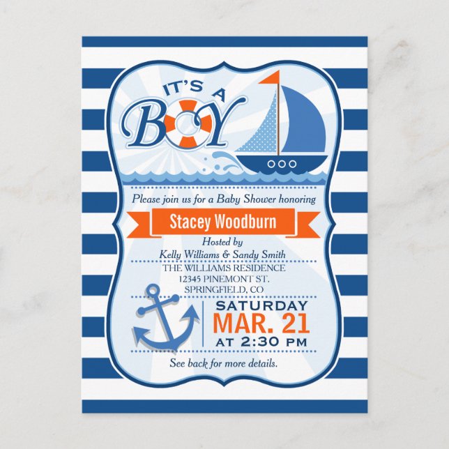 Invitation Carte Postale Baby shower nautique bleu et orange (Devant)