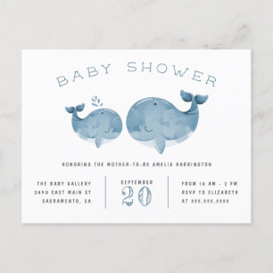 Invitation Carte Postale Baby shower nautique de baleine bleue d'aquarelle