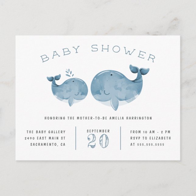 Invitation Carte Postale Baby shower nautique de baleines bleu (Devant)