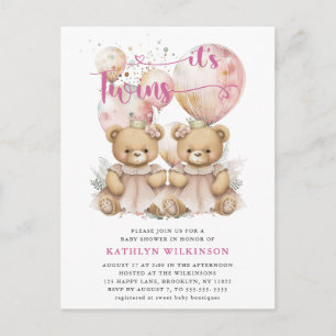 Invitation Carte Postale BABY SHOWER Nounours DES Ballons roses DOUCES