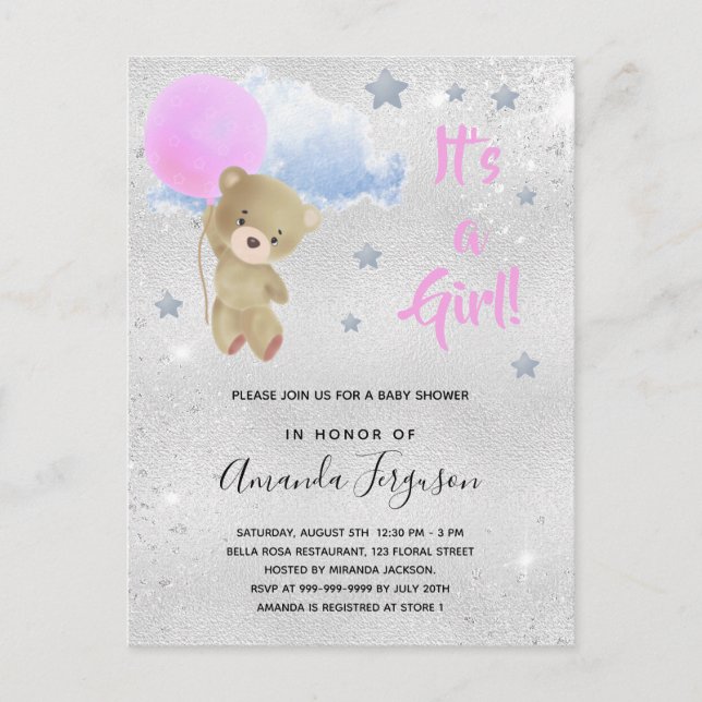 Invitation Carte Postale Baby shower ours en peluche fille rose argent (Devant)