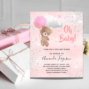 Invitation Carte Postale Baby shower ours en peluche fille rose argent