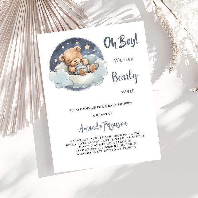 Invitation Carte Postale Baby shower ours en peluche garçon bleu lune ciel (Créateur téléchargé)